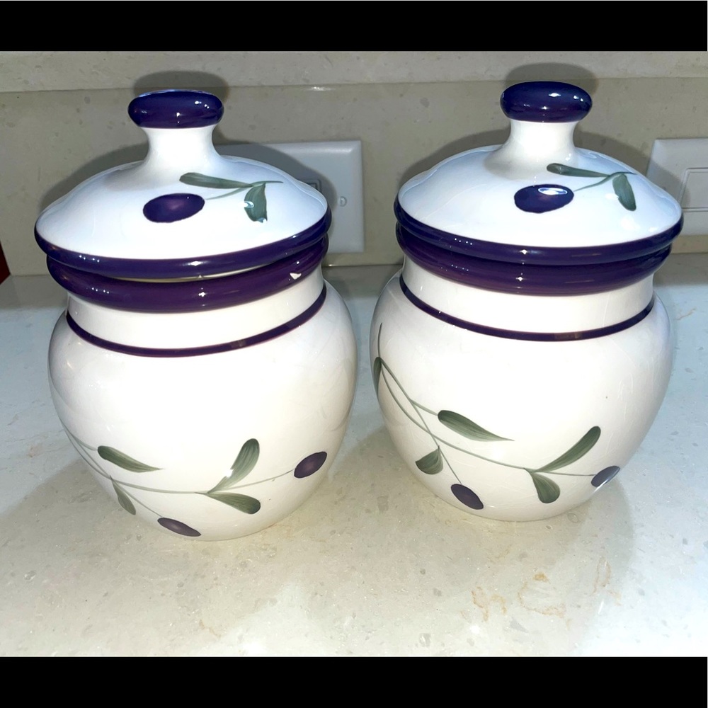 Purple and White Ceramic Sugar Canisters.